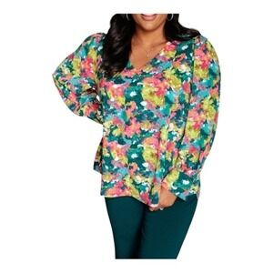 Jodifl Floral V-Neck Blouse Womens 3X Multicolor Puff Sleeve H20489-5-PLUS‎ Boho